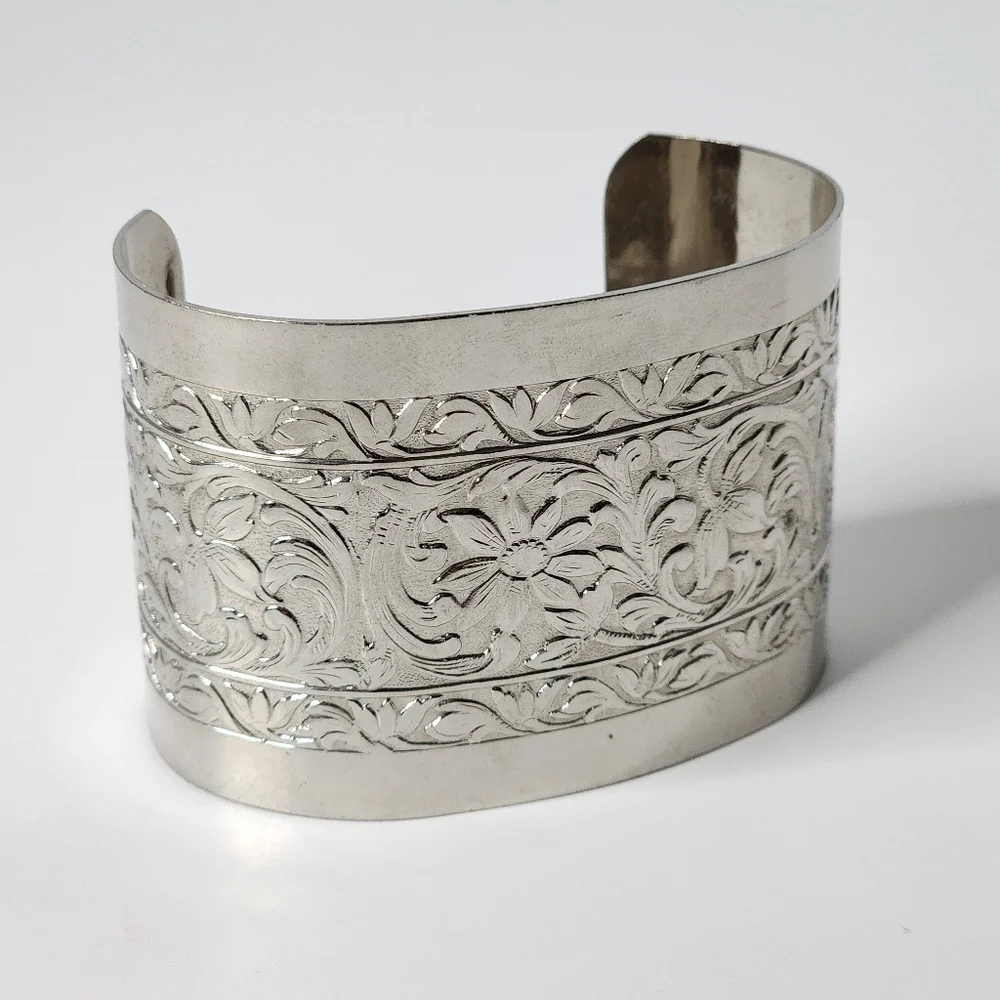 Vintage Silvertone Floral Embossed Wide Cuff Bracelet
